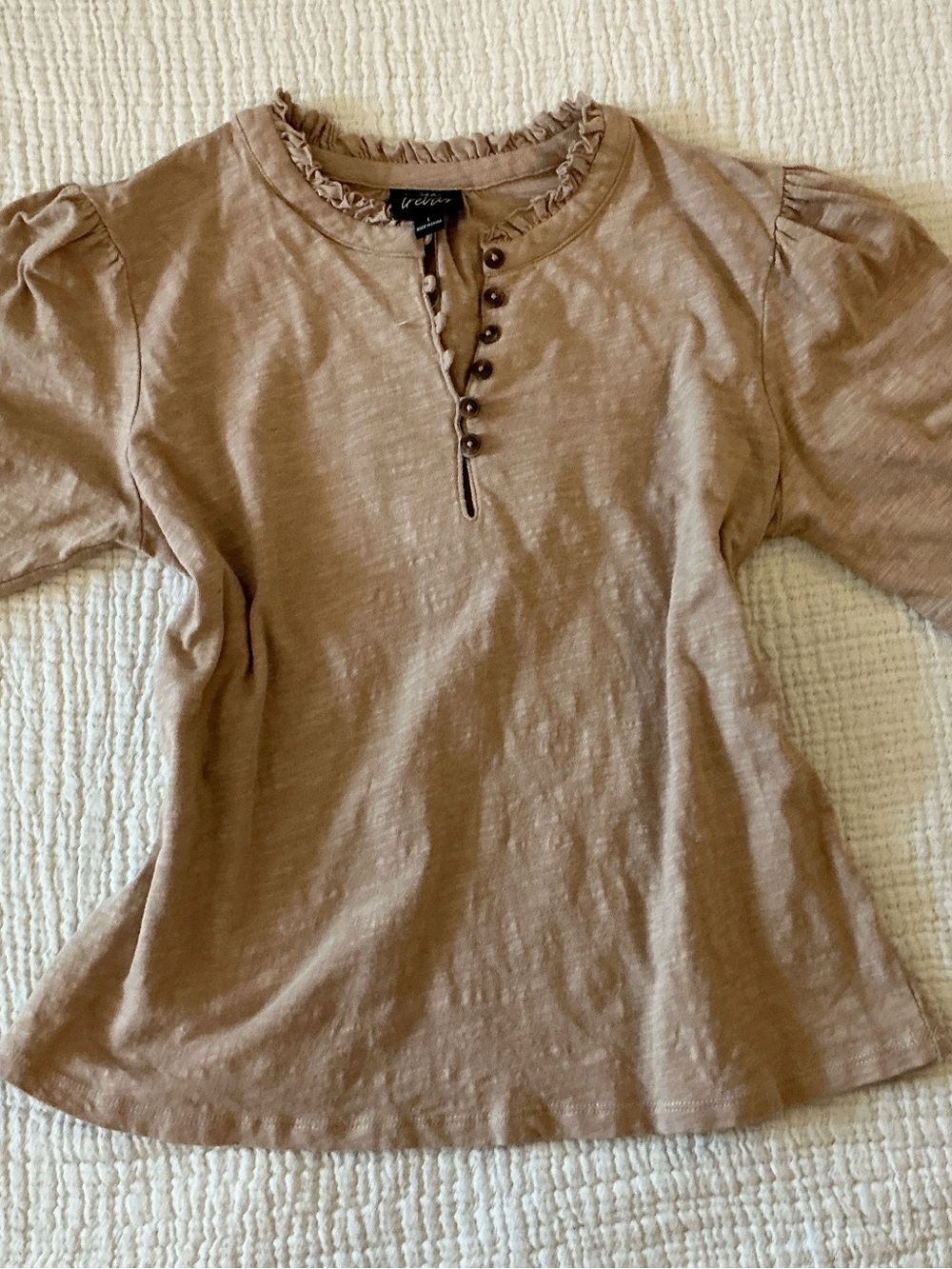 Oak + Trellis Puff Sleeve Henley Top Blush Beige Cotton Large